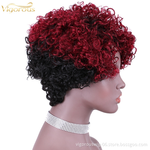 Vigorous Top Quality Ombre Black Roots To Red Afro Kinky Curly Wigs for Black Women Short Side Part Human Hair Wholesale Price